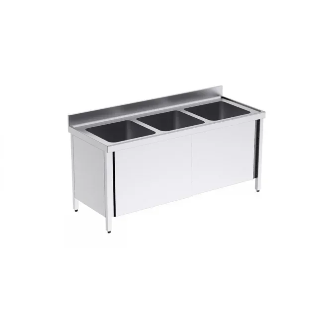 Professional 3-Basin Sink with Sliding Doors - Width 1800 x Depth 700 mm