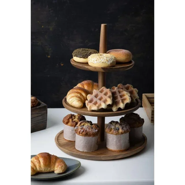 Suporte em Madeira de Acácia 3 Andares - Diâmetro 305 mm, Altura 395 mm