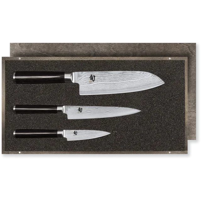 Set of 3 Shun Damascus Japanese Knives - Paring, Utility and Santoku