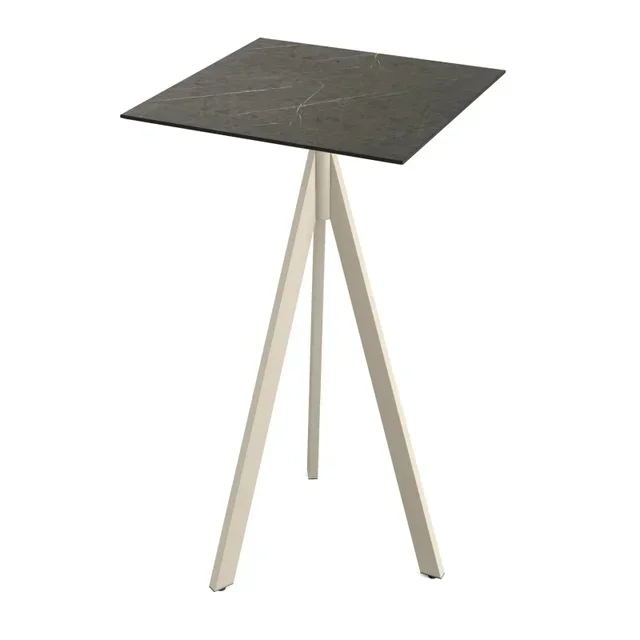 Tavolo Alto Infinity Tripod Base Sabbia Piano HPL Midnight Marble 70x70 cm