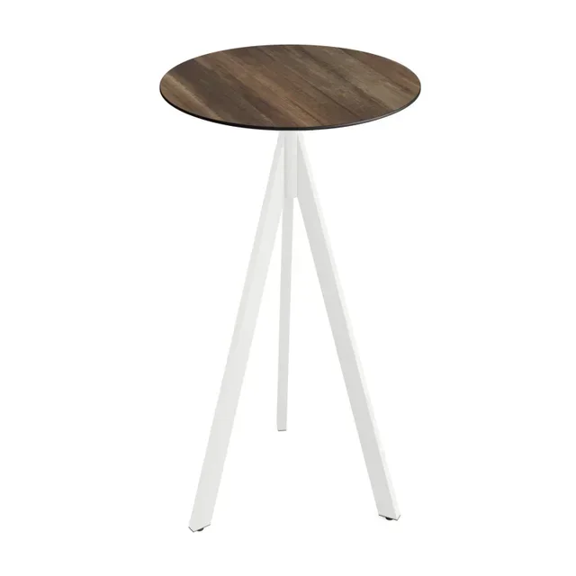 Infinity Tripod High Table White Base HPL Tropical Wood Round Top 70 cm