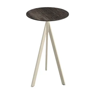 Mesa Alta Infinity Tripod Ø 70 cm - Pata Arena y Tablero HPL Efecto Madera Riverwashed