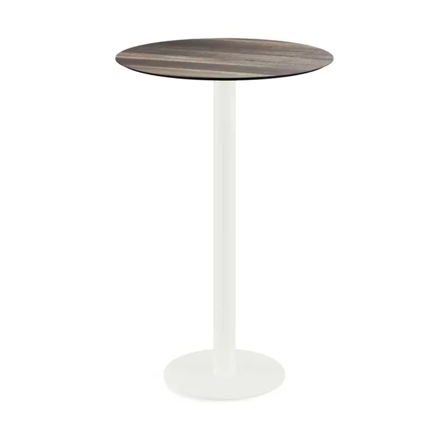 Tavolo Alto Design Base Bianca e Piano Tropical Wood - Diametro 70 cm