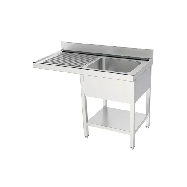 Stainless Steel Sink 1 Compartment with Upper Shelf and Left Dishwasher Drain - Width 120 cm x Depth 55 cm