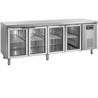 Tavolo Refrigerato 4 Porte Vetro con Alzatina in Acciaio Inox - Compatibile GN 1/1 Gastronorm