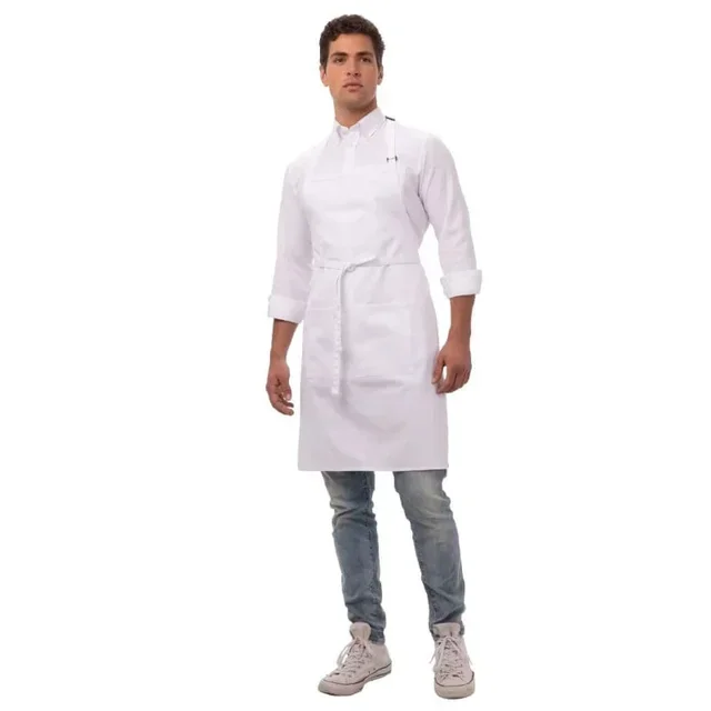 White Bib Apron with Front Pocket and Adjustable Neck Strap
