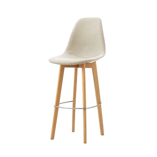 Keeve Beige Fabric Bar Stool with Wooden Legs