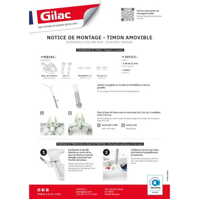 Timón Desmontable para Carro de 4, 5 o 6 Ruedas - Base Rodante