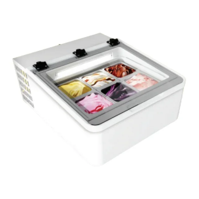 Mini Cream 3V LED Refrigerated Display Case - White Color - Capacity 3 Tubs x 5 Liters