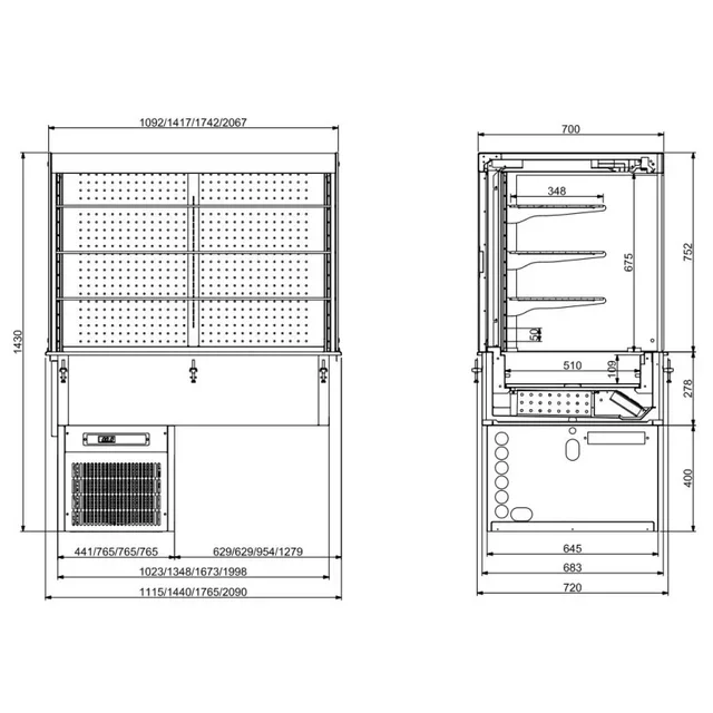 Wall-Mounted Recessed Cubic Refrigerated Display Case with Curtain - Width 1440 mm x Depth 720 mm