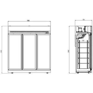 Black Refrigerated Display Case 3 Glass Doors -1480L Negative